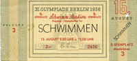 15.August, Schwimmen, Schwimm-Stadion. Zugang: Olympisches Tor. Stehplatz 2.- RM, Komplettes Ticket, 13,2x6,2 cm.<br>-- Schtzpreis: 60,00  --