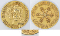 Teilnehmermedaille in Gold fr Winterspiele Cortina dAmpezzo 1956. Silber, vergoldet. Gestempelt (800er Silber, 53,7 gramm; mit Herstellerstempel), 4,5 cm. Von dieser Medaille wurden nur 157 Exemplare ausgegeben!!.