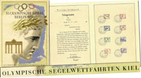 Offizielles Olympia-Telegramm. XI. Olympische Spiele Berlin 1936 Mit dem zustzlichen Aufdruck "Olympische Seglfahrten Kiel", 4 Seiten, 29,5x21 cm. Gelaufen am. 14.8.1936. Mit Sondermarken der Olympischen Spiele 1936 und dem Sonderstempel "XI.Olympiade Seg