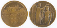 Teilnehmermedaille Olympische Sommerspiele Paris 1924 (v. R.Bnard). Mit Randpunze "Bronze", 5,5 cm.