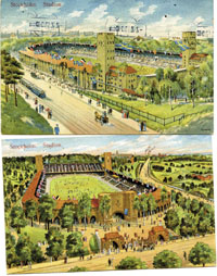 Zwei Farbpostkarten von den Olympischen Spielen 1912 in Stockholm mit Ansicht des Olympiastadions mit den Flaggen der Nationen, je 14x9 cm.