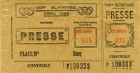 Olympic Games Paris 1924 Press Ticket<br>-- Estimate: 450,00  --