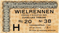 IXe Olympiade Amsterdam 1928. Wielrennen. 5.8.1928 Offizielle Eintrittskarte. 10,5x6 cm.