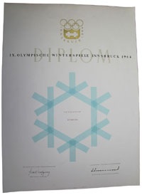 Offizielles Diplom IX.Olympische Winterspiele Innsbruck 1964. Diplom. Caj Stalstrm Rundfunk, 47x34 cm.