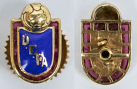 Abzeichen der UEFA fr den Vizeprsidenten ca. 2006. Gold (750er) mit transparenter viloetter Unterlegung. Aufgesetztes blau emailliertes Wappen mit handgemalten Schriftzug "UEFA". Rckseite mit goldener Schraube, auf der die Initialen des Vizeprsidenten