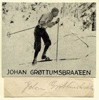 (1899-1983) Blancobeleg (9,5x5,5 cm) mit original Signatur von Johan Grttumsbrten (NOR) mit Bleistift. 6facher Medaillengewinner in der Nordischen Kombination und im Langlauf bei den Olympischen Spielen 1924 (1x Silber, 2x Bronze), 1928 (2x Gold) und 193