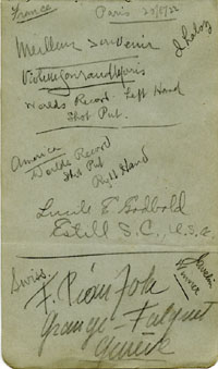 Blancobeleg von den 1.Frauen-Weltspiele 1922 in Paris mit 12 original Signaturen der Teilnehmerinnen, darunter 4 Goldmedaillengewinnerinnen: Genevieve Laloz (+1986; Hrden); Violette Gouraud Morris (+1944; 5x Gold 1921-1924); Francesca Pianzola (2x Gold),