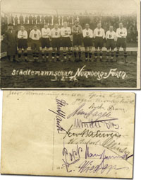 Postkarte "Stdtemannschaft Nrnberg - Frth 3.2.1924" mit einem Mannschaftsfoto geschrieben von dem Spieler der SpVgg Frth Andreas Franz (1897-1970; 10 DFB LS). Auf der Rckseite 10 original Signaturen in Bleistift, dabei die deutschen Nationalspieler: H