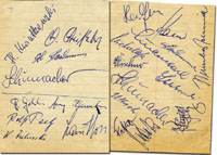 Blancobeleg mit 23 original Signaturen der Spieler von Borussia Dortmund Ende der 1950er Jahre auf der Vor- und Rckseite. U.a.Kwiatkowski, Zielinski, Bumbas Schmidt, Cieslarczyk, Geisler, Schumacher, Wieschner. 14x10 cm.<br>-- Schtzpreis: 50,00  --