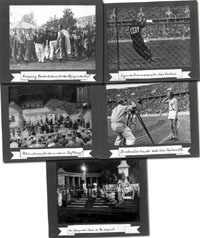 10 Pressefotos von Olympischen Spielen 1936 in Berlin, je 24x18 cm. Alle beidseitig auf 5 Fotokartons (je 29x24 cm) montiert mit Bildtexten.