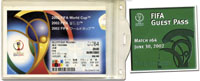 Final-Eintrittskarte 2002 FIFA World Cup (Deutschland - Brasilien 0:2) vom 30.06.2002, Match 64 in Yokahama. 15x10,5 cm. Dabei: "FIFA Guest Pass" fr das Endspiel (10,5x9,5 cm). Beides Tickets in original Kartenklarsichthlle des World Cup 2022.<br>-- Sch