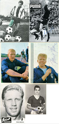 6 Original Autogrammkarten (4x) und Postkartesammelbilder (2x Bergmann WM 1966 Karte Nr. 103 + 108) jeweils mit original Signaturen der Spieler: Brngs, Haller, Schnellinger, G.Mller, Manglitz, Patzke. 15x10,5 bis 10x7,5 cm.<br>-- Schtzpreis: 50,00  --