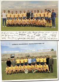 Farbpostkarte der Bundesligamanschaften von Eintracht Braunschweig 1970/71 mit faksimilierten Unterschriften. Karton 23,5x16 cm. Dabei: Ein weiteres Bild "Eintracht Braunschweig Deutscher Fuballmeister 1967", Papier, 23,5x18,5.