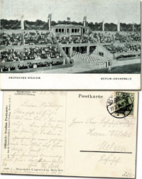 S/W-Postkarte "Deutschen Stadion. Berlin-Grunewald" Erffnungsfeier. Offizielle Stadion Postkarte. Gelaufen (22.2.1914). 14x9 cm.<br>-- Schtzpreis: 75,00  --