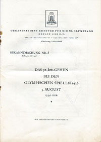 Bekanntmachung Nr. 5: Das 50-km-Gehen bei den Olympischen Spielen Berlin 1936. 5.August 13.30 Uhr. Mit Streckenplan und Skizze.<br>-- Schtzpreis: 100,00  --