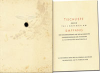 Tischliste fr die Teilnehmer am Empfang der Reichsregierung und der Bayrischen Landesregierung aus Anlass der IV.Olmypischen Winterspiele (1936).<br>-- Schtzpreis: 75,00  --