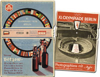 2 verschiedene Drehscheibe mit dem Programm der Olympischen Spiele 1936 mit verschiedenen Werbeaufdrucken.  20x14 bis 16x12 cm. (von Btzow und Agfa).<br>-- Schtzpreis: 60,00  --