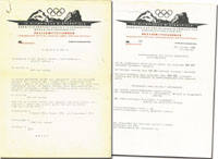 3 verschiedene offizielle "Pressemitteilungen" des Organisationskomittee der IV. Olympischen Winterspiele 1936 vom 6.2. bis 16.2., je 30x21 cm.