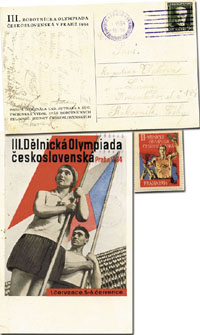 Farbpostkarte gestaltet von Ladislav Sutnar (1897-1976) fr die 3.Arbeiter Olympiade 1934 in Prag. Gelaufen mit Sonderstempel der Arbeiterolympiade 1934, (gestempel 5.7.1934), 15x9,5 cm 2) Werbevignette 4x3 cm.