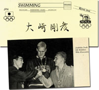 (1939-2015) Sammlerbeleg mit original Signatur von Yoshihiko Osaki (JPN). Olympische Spiele 1960 Silber im Schwimmen ber 200 m Brust und Bronze 4x100 Lagen, 18x8,5 cm.<br>-- Schtzpreis: 50,00  --