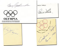 Silbermedaille in der 4x100 m Lagenstaffel bei den Olympischen Spielen 1960 fr Australien. Original Autographen: David Theile (1938; Gold 1956 + 1960 100 m Rcken); Terry Gathercole (1935-2001, 
Neville Hayes (1943-2022; Silber 200 m Schmetterl.; Selten!