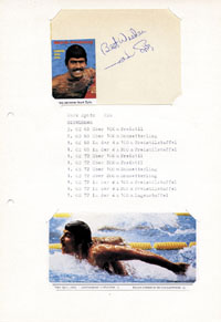 Sammlerblatt DIN-A4 mit Originalsignatur von Mark Spitz (USA) auf Karteikarte (12x9 cm) und zwei Farbmagazinfotos. 11-facher Olympiasieger (7x bei Olympia 1972 in Mnchen) und 34-facher Weltrekordler der USA.