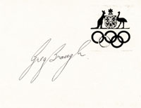 (1951-2014) Blancobeleg mit original Signatur von Gregory Brough (AUS). Olympische Spiele 1968 Bronzemedaille im Schwimmen (1500 m), 9,5x7,5 cm.<br>-- Schtzpreis: 50,00  --