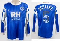 Original match worn Spielertrikot von Schalke 04 mit der Rckennummer 5. Getragen von Jrgen Luginger in einem Spiel der Fuball Bunsdesliga in der Saison 1990/1991. Status:ABC.