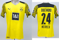 Original match worn Spielertrikot von Borussia Dortmund mit der Rckennummer 24. Getragen von Thomas Meunier am 14.01.2022 im Spiel der Fuball Bundesliga gegen den SC Freiburg. BVB - Freiburg 5:1. Meunier ist 66-facher Fuball Nationlspieler von Belgien.