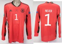 Original match worn Torwart-Trikot von Deutschland mit der Rckennummer 1. Getragen von Manuel Neuer am 29.06.2021 im Achtelfinale der Fuball Europameisterschaft gegen England. England - Deutschland 2:0. Neuer ist Fuball Weltmeister 2014.