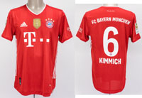 Original match worn Spielertrikot vom FC Bayern Mnchen mit der Rckennummer 6. Getragen von Joshua Kimmich am 15.02.2021 im Spiel der Fuball Bundesliga gegen Arminia Bielefeld. Bielefeld - Bayern 3:3. Kimmich ist 93-facher Nationalspieler von Deutschland