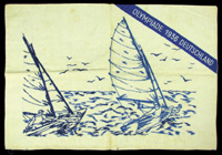 Blau bestickter Kissenbezug aus Leinen, zeigt zwei Segelboote auf dem Meer und Schriftzug "OLYMPIADE 1936 DEUTSCHLAND" in der oberen rechten Ecke, 59x42 cm.