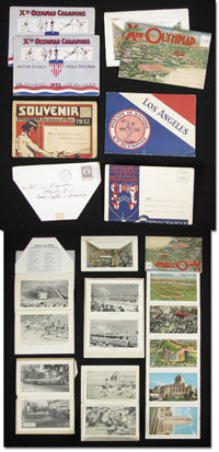 Schne Sammlung von 7 Souvenirmappen mit Bildern der Olympischen Spiele 1932 in Los Angeles. Mit Szenen der Spiele und von Los Angeles, zwei Duplikate.