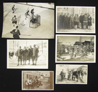 6 S/W-Fotos der Olympischen Spiele 1928 in St. Moritz. Inkl. Pressefotos vom Eishockeyspiel, andere sind Privatfotos bei den Spielen. Max. 22,5x16cm.